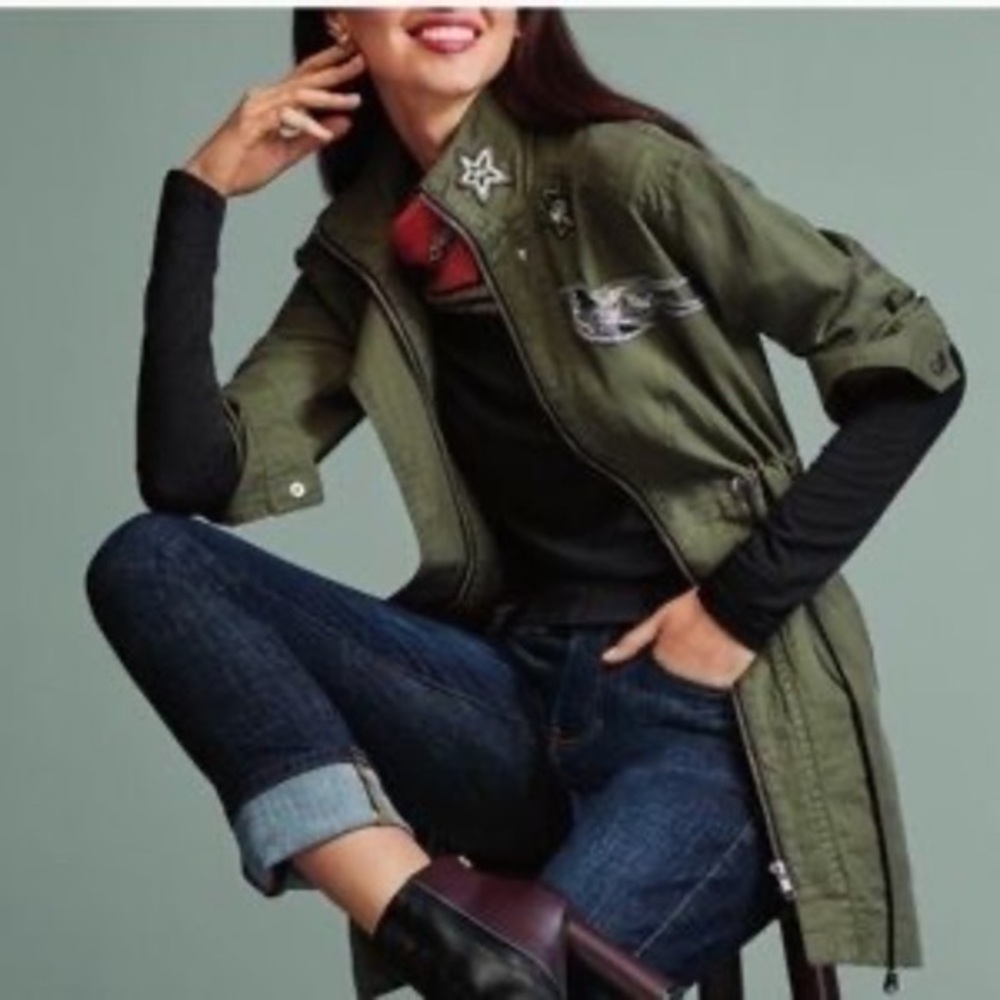 Cabi #337 army green anorak utility long military style patch drawstring jacket